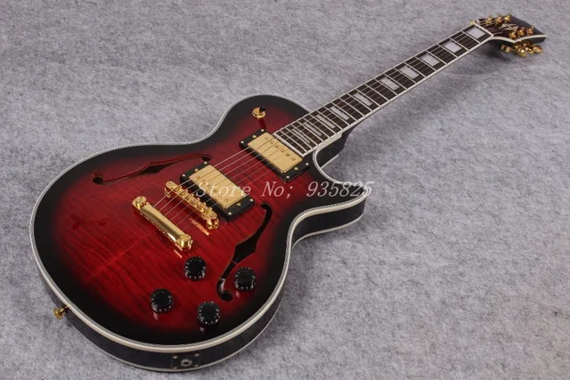 Cheap Red wine hollow body hot wholesale high quality F custom guitar and tiger hole top gold hardware electric guitar free shipping