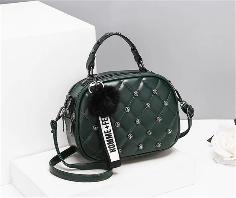 Trendy Rivet Plaid Bag for Women Brand Design Small Crossbody Bags with Hairy Ball Girls Mini PU Leather Handbags Phone Purse