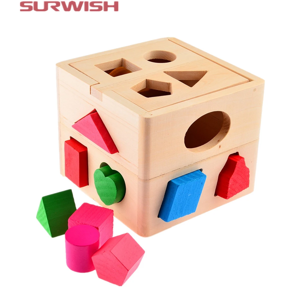 Surwish 13 Hole Intelligence Box for Shape Sorter Cognitive Matching Wooden Building Blocks Baby