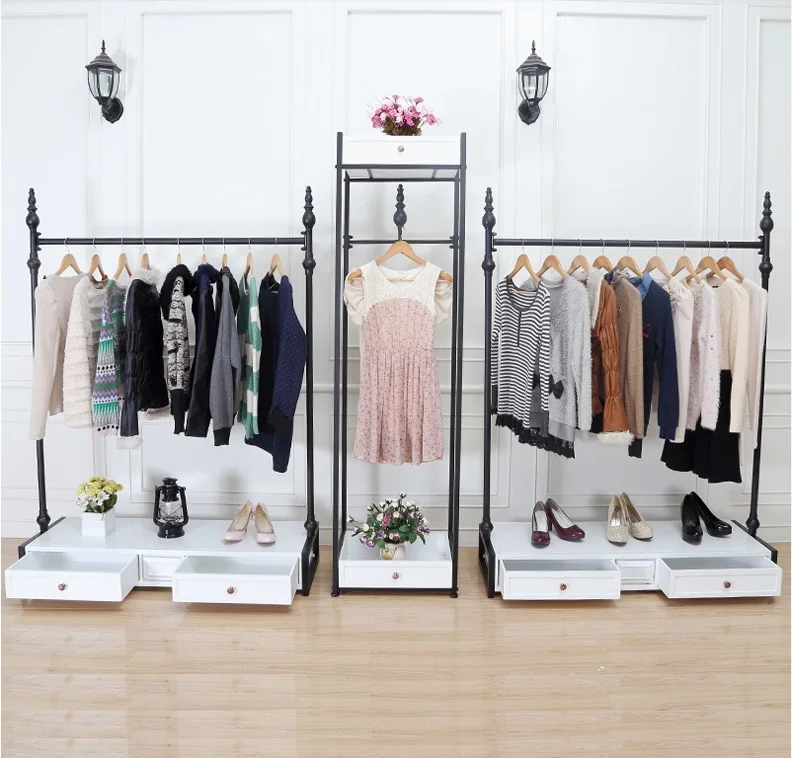 Wrought iron clothing rack shelf combination of high end clothing store