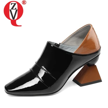 

ZVQ shoes woman spring new fashion mixed colors patent leather women pumps outside high strange style square toe ladies shoes