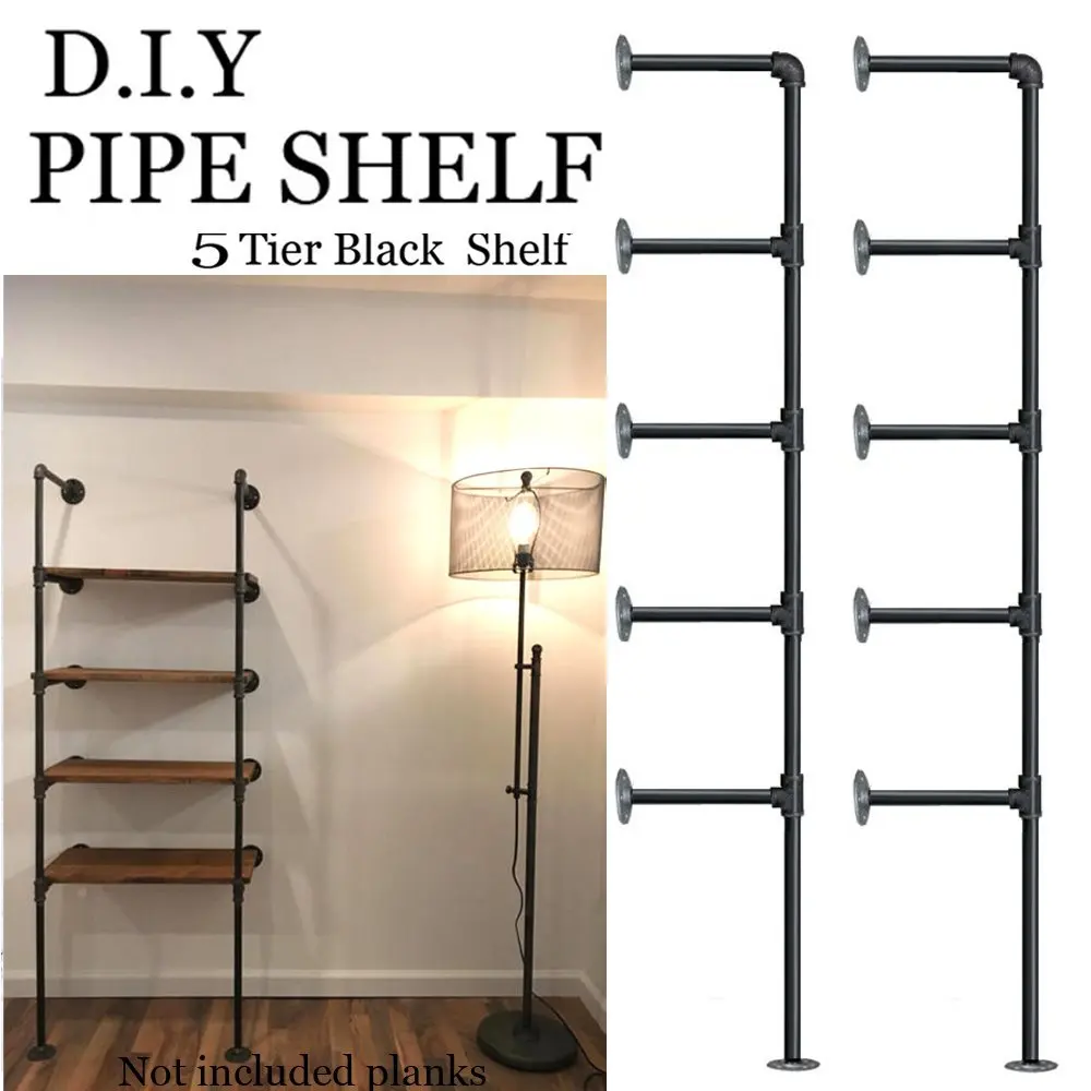 (Set of 2) 5 Layers Industrial Retro Iron Pipe Shelf Wall Hung Bracket DIY Storage Shelves Home Bar Shop Decor Bookshelf