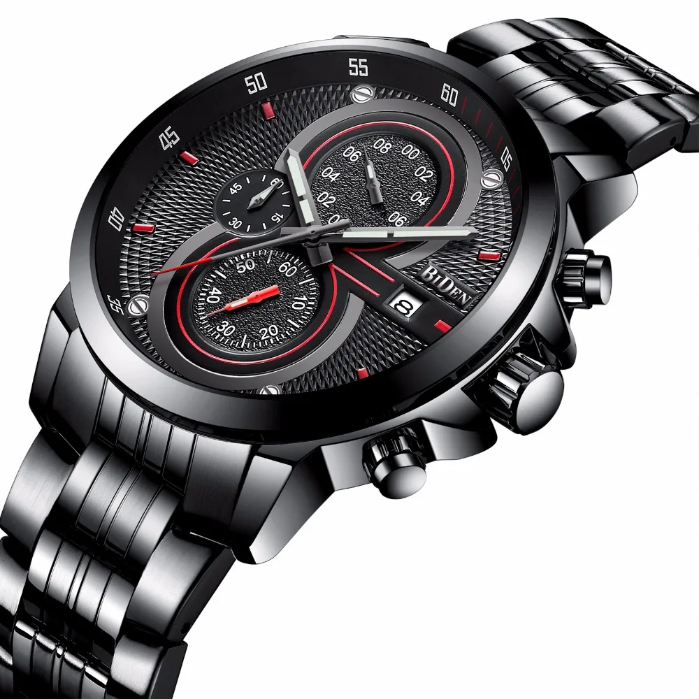 

Top Brand Luxury BIDEN Men Watches Male steel band Waterproof Sport Quartz Watch Chronograph Military Wrist Watch Men Clock