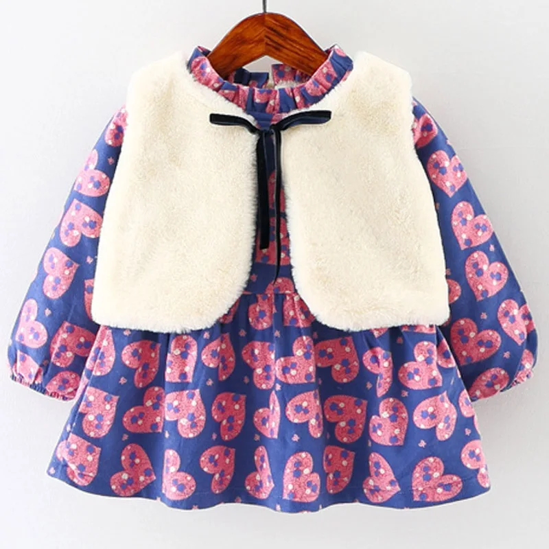 Baby Toddler Girls Fleece Fur Vest+Long Sleeve Plush Padded Dress Love