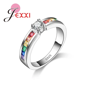

Real 925 Sterling Silver Various Colors Round Colorized Crystal Women Wedding Rings Cz Fashion Jewelry Ladies Accessories