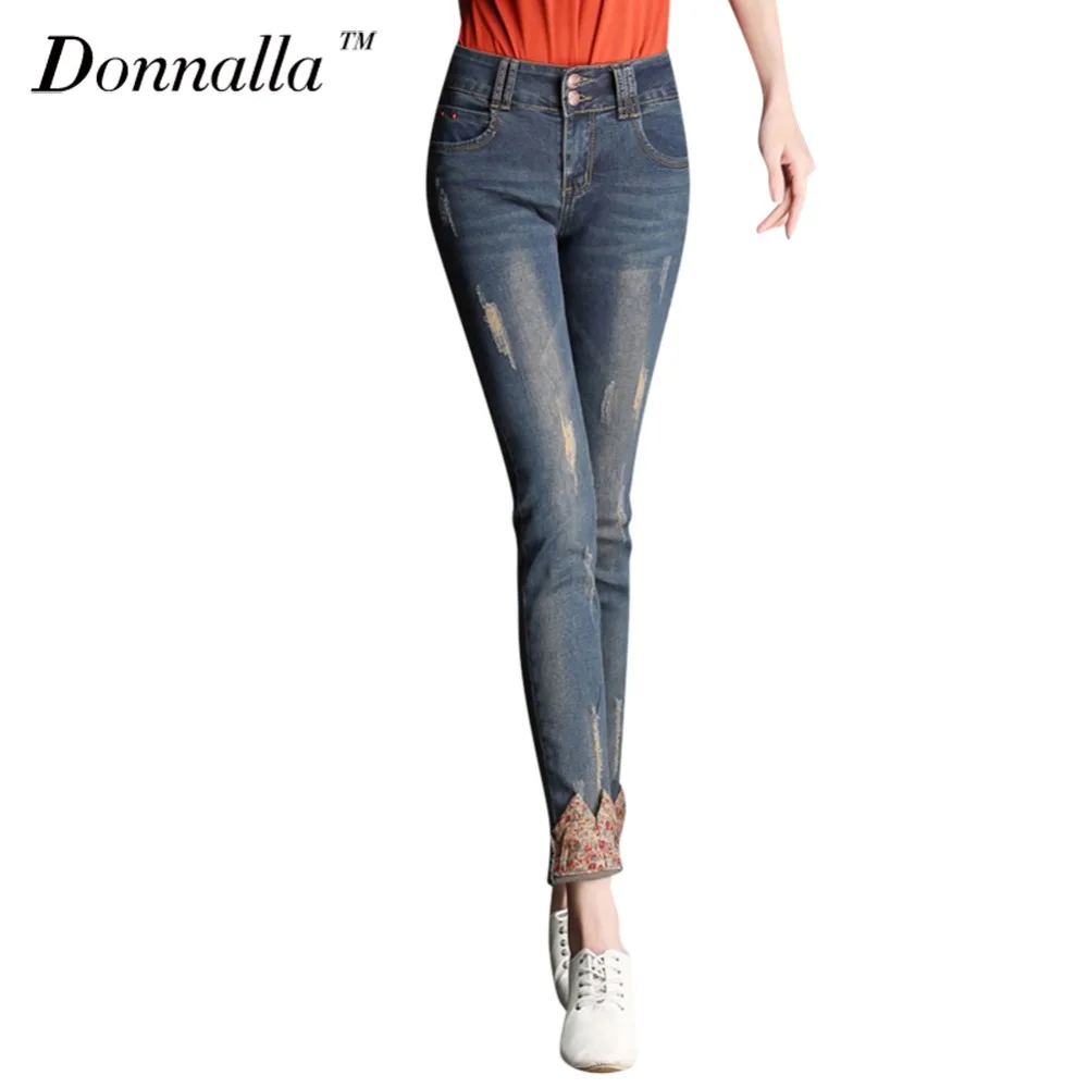 Donnalla Women Jeans Mid Waist Jeans Full Length Trousers Elastic