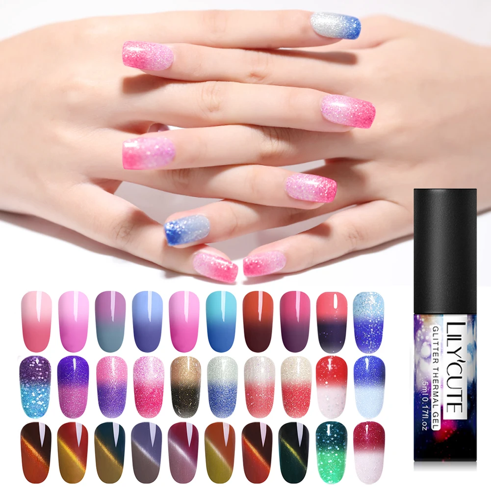

LILYCUTE 5ml Holographic Thermal Gel Polish Glitter Soak Off Color Changing UV Gel Varnish Long Lasting Nail Art Manicure DIY