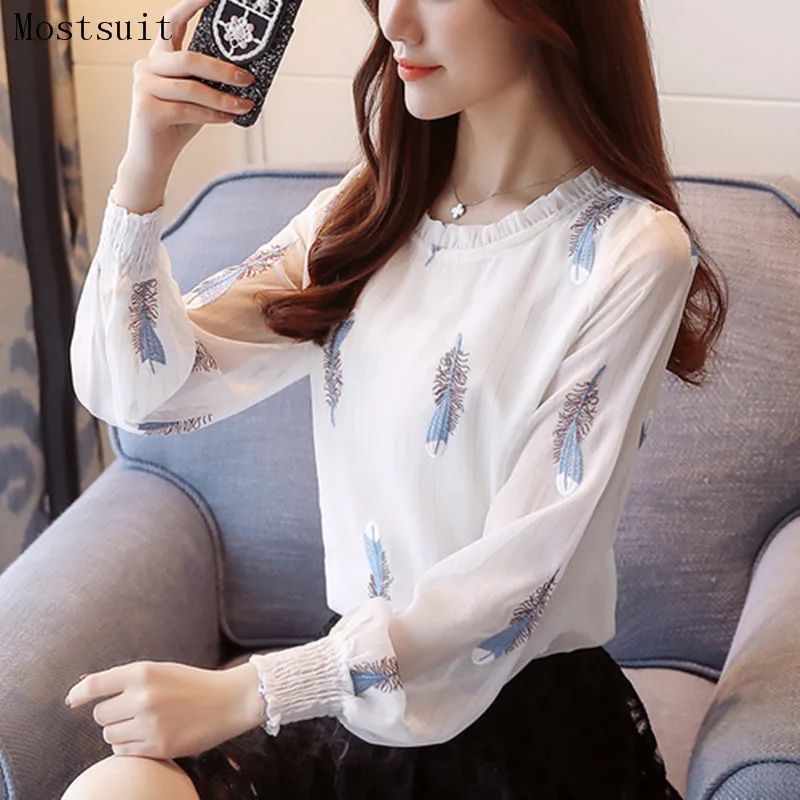 

2018 Autumn Chiffon Blusas Mujer Tunic Women Feather Embriodered Elegant Blouses Korean Office Female Tops Femininas Femme