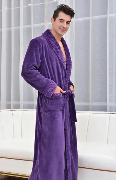 Новые мужские Фланелевые односторонние бархатные махровые халаты с моллюсками, высококачественные мужские и женские зимние длинные домашние теплые банные халаты с отложным воротником - Цвет: Men purple