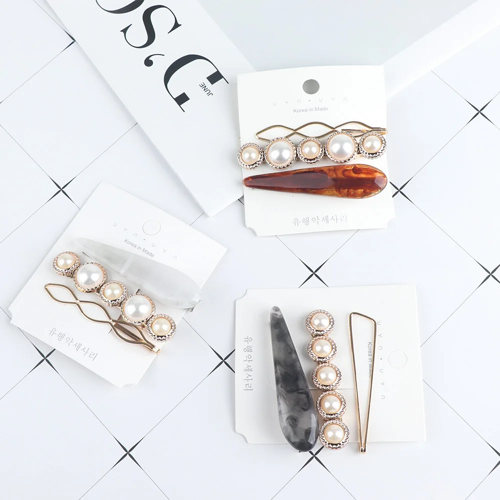 

New 3pcs/set Metal Imitation Pearl Marble Hair Clips Temperament Acetic Acid Hairpin Women Headwear Hair Accessories Jewelry