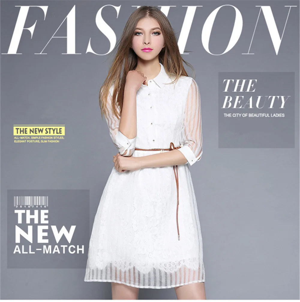 Fashion White Sweet Dress 2017 Summer&Autumn High Quality Chiffon Half Sleeve Casual Party Dress Hollow out Sashes Pearl Vestido (1)