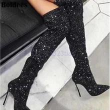 Модные женские высокие сапоги с кристаллами; обувь с острым носком на высоком тонком металлическом каблуке; пикантные ботфорты на молнии