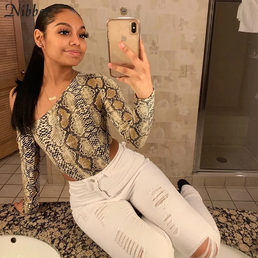 

Nibber autumn fashion Snake print Basic bodysuits womens2019 new casual party stretch Slim jumpsuit full sleeve bodysuits mujer