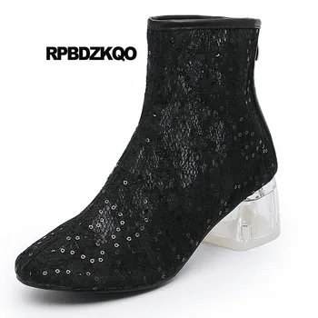 

Summer Women Bridal Glitter Ankle High Heel Black Sandals Clear Transparent Shoes Mesh Sequin Chunky Lace White Wedding Boots