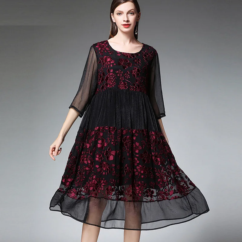 

Large size ladies' womens fashion joint Chiffon dresses plus size casual loose high waist O neck Mid sleeve Elegant dress spring