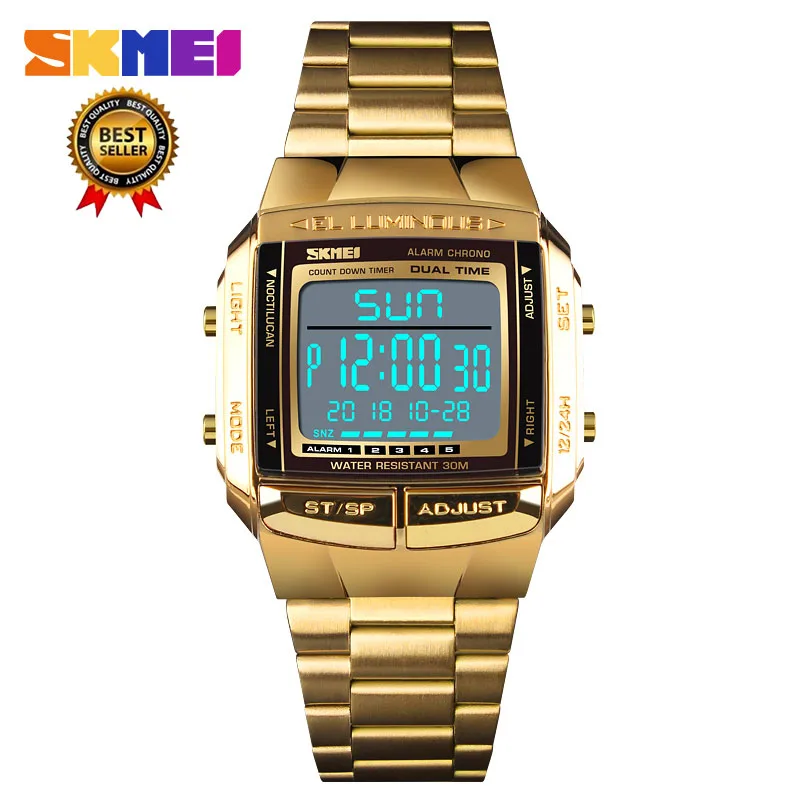 Горячая Марка SKMEI мужские спортивные часы новые стальные полосы водонепроницаемый электронный светодиодный цифровой наручные часы для мужчин наручные часы 1381 - Цвет: gold