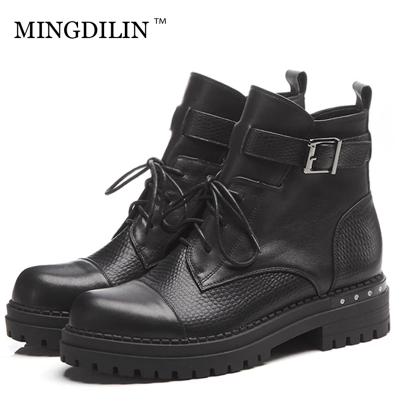 

MINGDILIN Women's Gothic Shoes Genuine Leather Woman Motorcycle Boots Lace Up Winter Ankle Boots Black Rhinestone Chelsea Boots