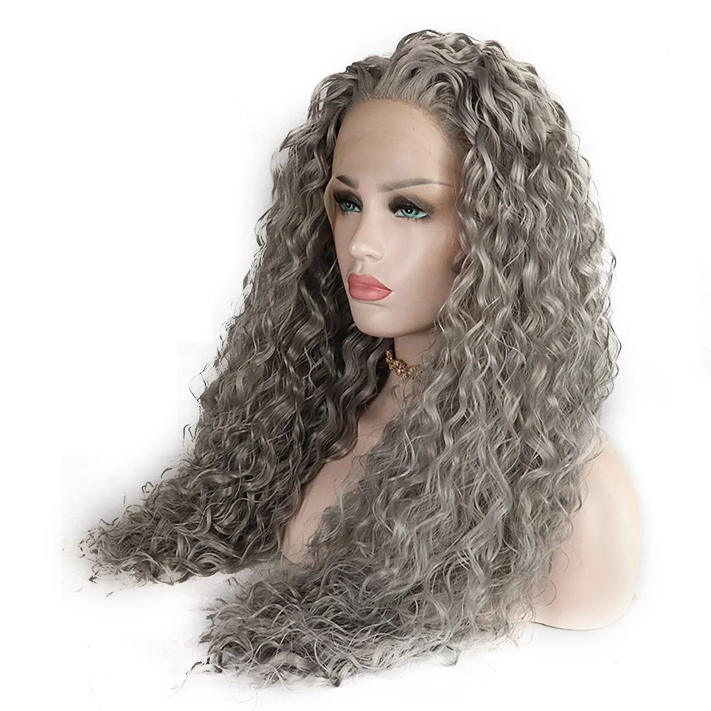 Synthetic Lace Front Wigs For Black Women Silver Grey Hair Heat Resistant Fiber Long Bohemian Curly Frontal Lace Wig