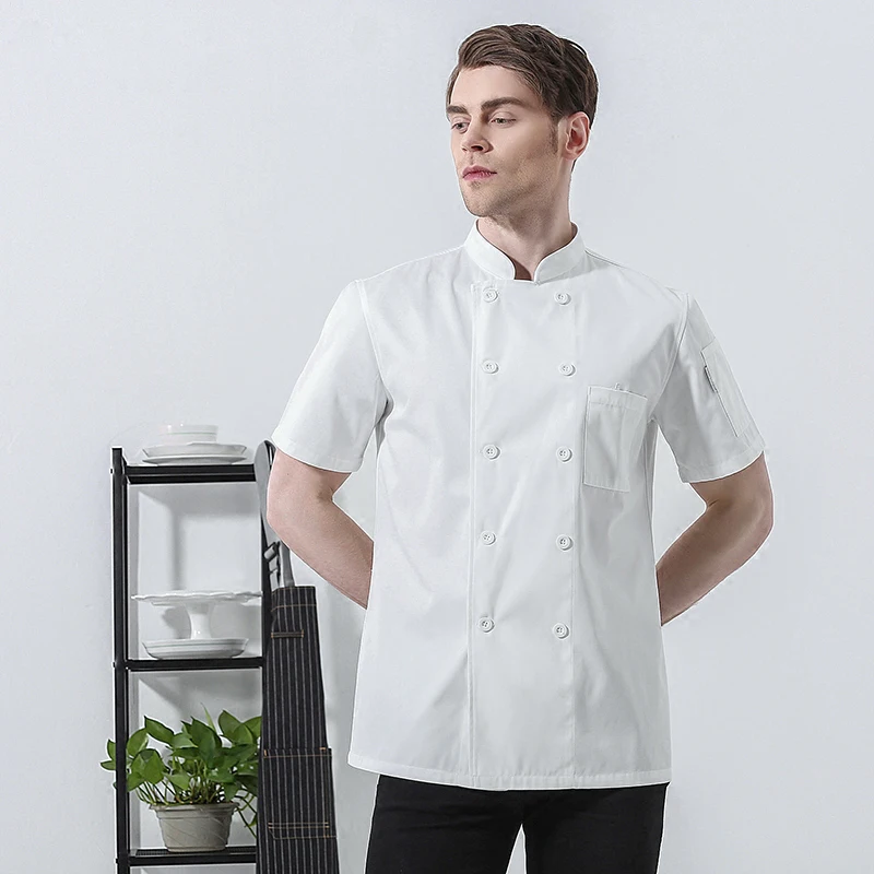 NiaaHinn летние тонкие общественного питания работников одежда с короткими рукавами униформа повар Белый двубортный из дышащего хлопка
