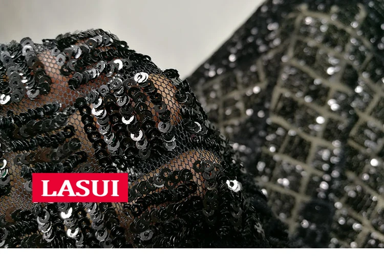LASUI элегантный черный блёстки вышитые сетки кружево DIY модный дизайн сценическая одежда вечернее платье ткань W0038