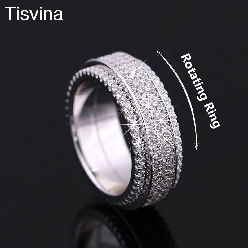 

Tisvina Five row full Shiny Cubic zirconias Rotatable Ring for Women Jewelry Brand Wedding Party Female Rotating Women Ring