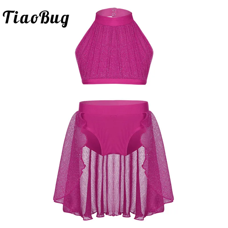 TiaoBug Girls Backless Ballet Tutu Dance Wear Kids Crop Top Shorts Skirt Set Ballerina Stage Contemporary Lyrical Dance Costumes