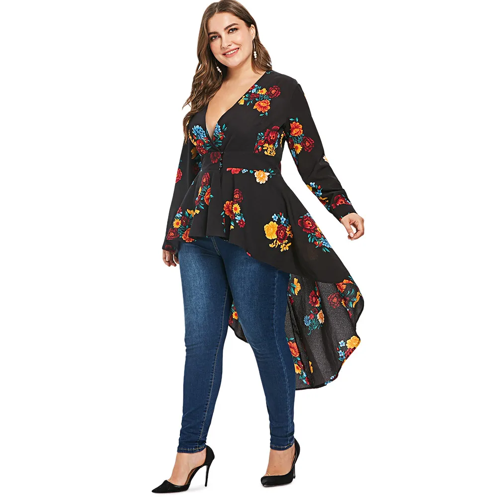 AZULINA Plus Size Sexy V Neck High Low Floral Maxi Blouse Autumn Long Sleeve Asymmetrical Blouses Casual Shirt Women Tops Blusas