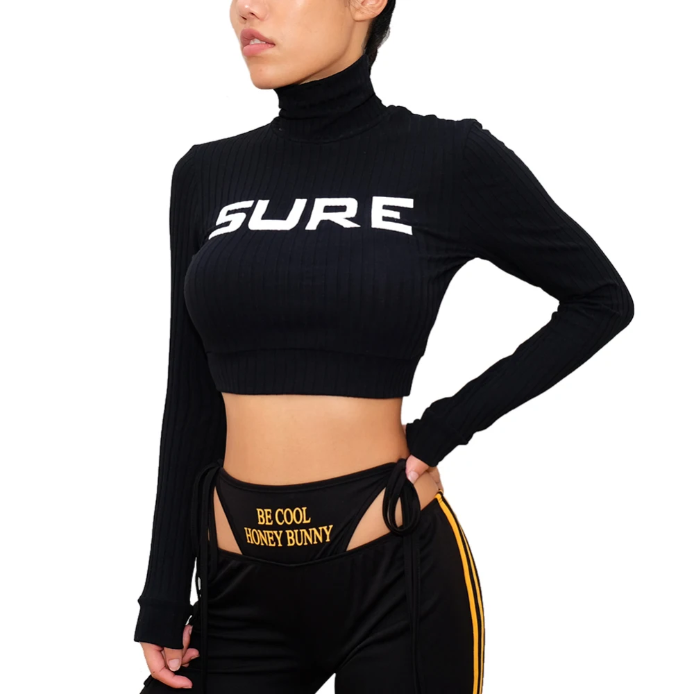 

2019 Autumn Winter Res Yellow Color Ribbed T Shirt Women Long Sleeve Turtleneck Tshirt Fashion Knitted Tops Tee Femme