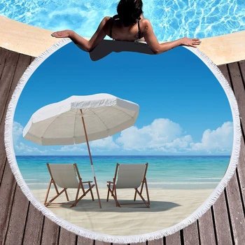 

3D Beach Scenery Printed Round Beach Towel With Tassels Soft Microfiber 150cm Summer Swimming Picnic Adult Blanket Wall Tapestry