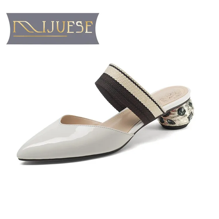 

MLJUESE 2018 women slippers summer Genuine leather slip on pointed toe Mary janes beige color pumps slides sandals women mules