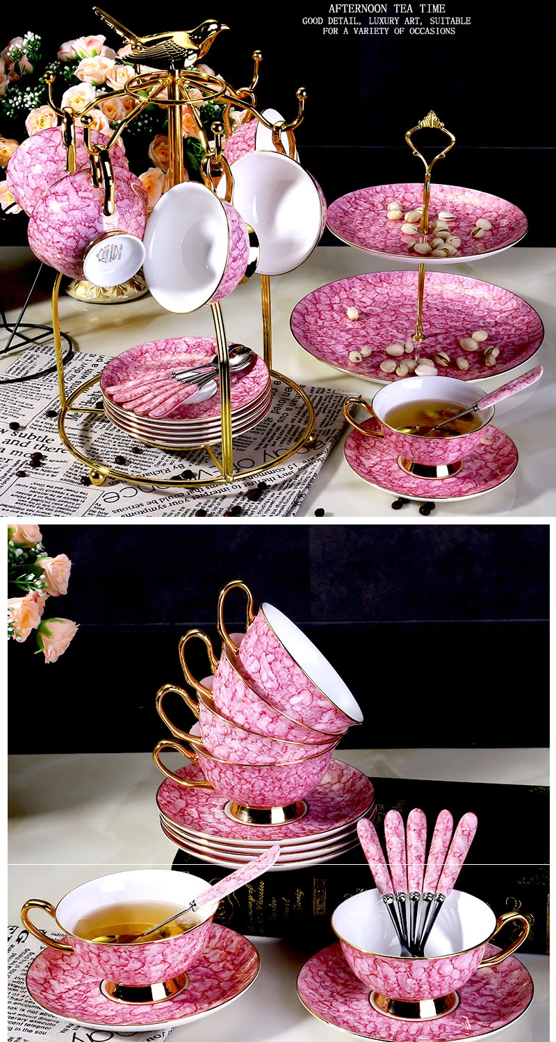 Набор кофейных чашек в европейском стиле, роскошные розовые чайные чашки из костяного фарфора и блюдца, вечерние чайные чашки для дома, свадьбы, питья