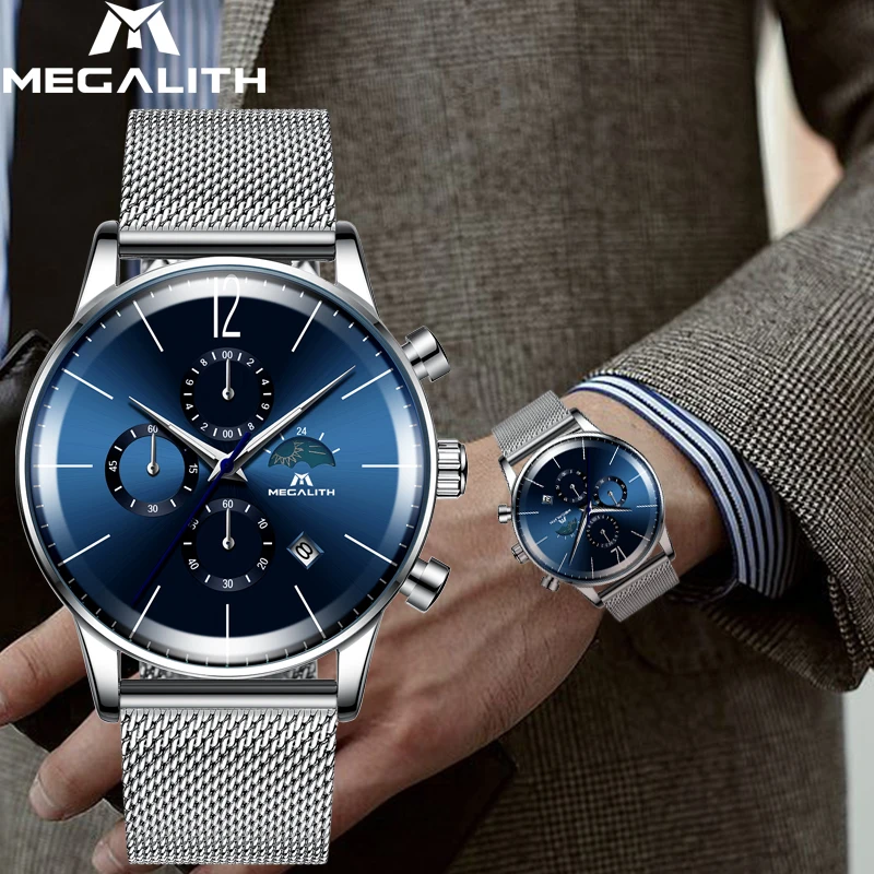 MEGALITH, модные мужские часы, Лидирующий бренд, синее лицо, спортивные, водонепроницаемые, с хронографом, кварцевые наручные часы для мужчин, часы, Relogio Masculino