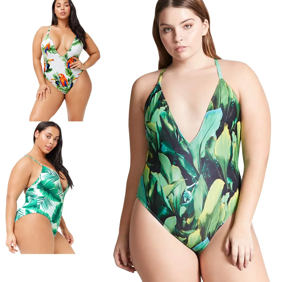 XXXL растительный женский купальник с высокой талией на тонких бретельках