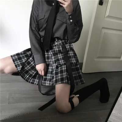 LMCAVASUN/M-4XLWomen, шорты с высокой талией, юбки с карманом, Япония, Harajuku, жесткая винтажная клетчатая мини-юбка в складку - Цвет: Серый