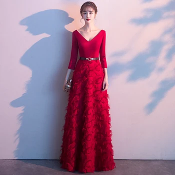 

Wine Red Long Sleeves Backless A-line V-neck Zipper Lace Party Frocks Dresses Floor Length Evening Dresses LYFY92