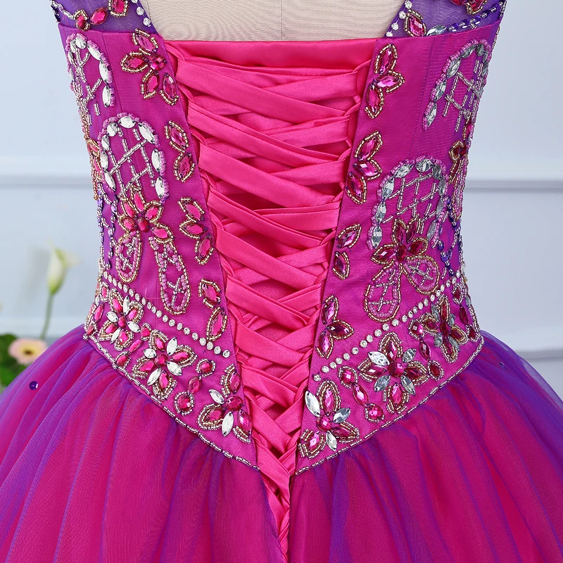 Jeweled beaded Layered Tulle Fuchsia Purple Sweet 16 Ball Gowns Scoop Neckline Green Vestido De Quinceanera