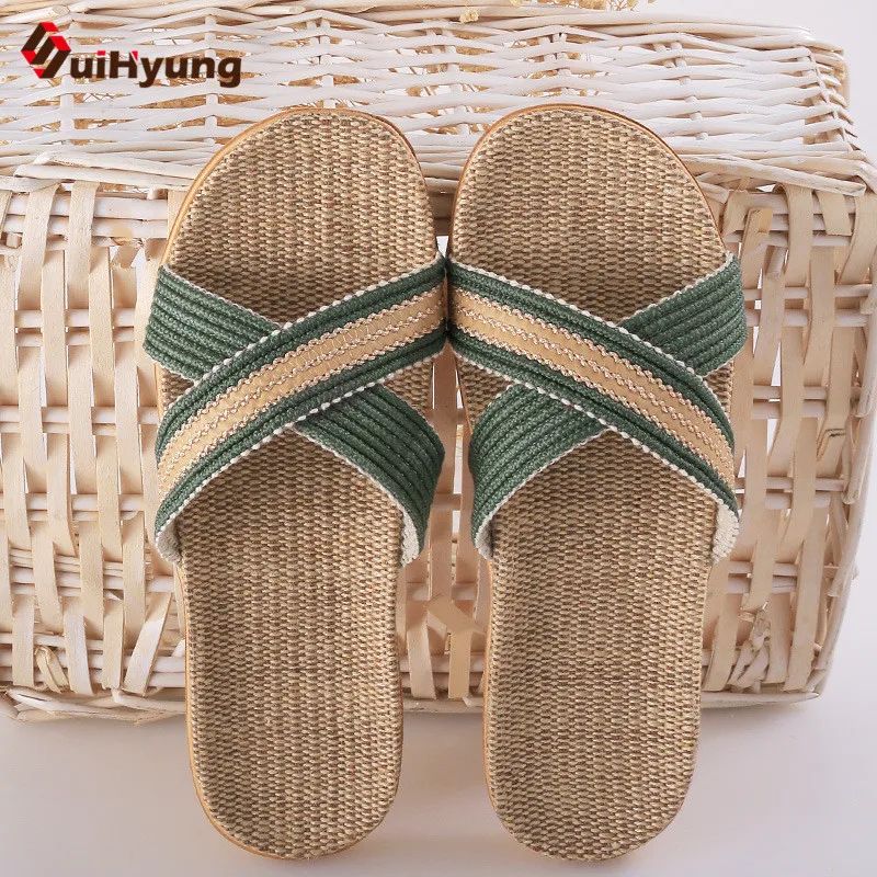 

Suihyung 2019 New Unisex Linen Slippers Vintage Cane Grass Weaving Women Men Beach Slipper EVA Flip Flops Female Summers Sandals