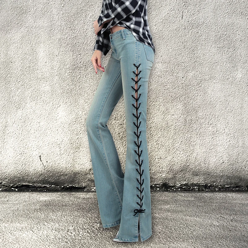 Fashion Women s Jeans 2016 Spring Autumn Mid Waist Split Wide Leg Full Length Pants Slim
