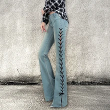 Fashion Women s Jeans 2016 Spring Autumn Mid Waist Split Wide Leg Full Length Pants Slim