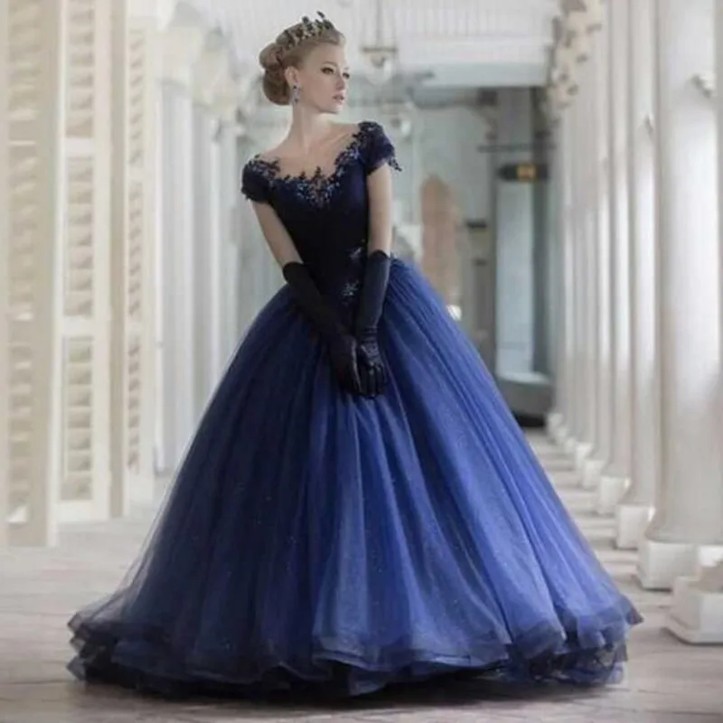 

New Arrival Pageant Dresses vestido de festa longo Navy Blue Evening Gowns robe de soiree Elegant Long Party Gowns Sleeves Tulle