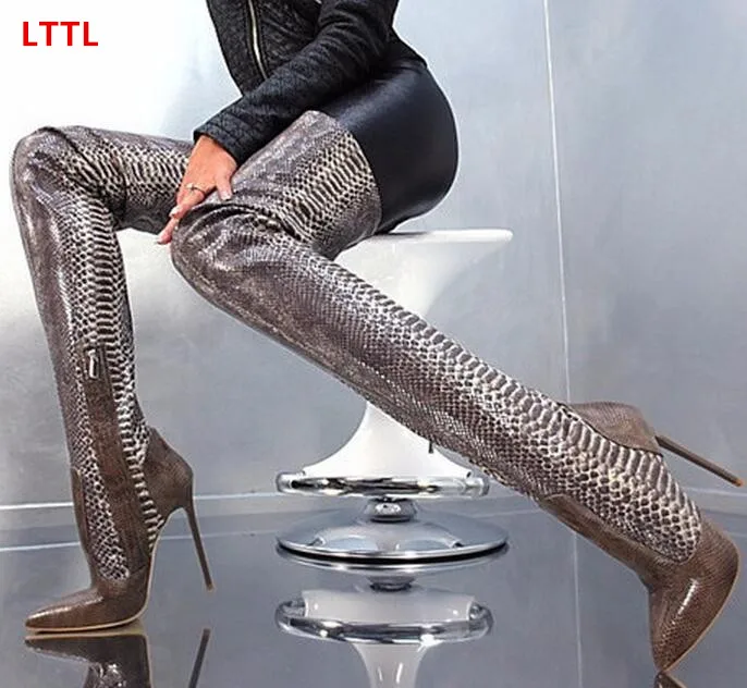 Sexy Python Snakeskin Boots Botas Pointed Toe Thigh High Boots Thin High Heels Women Motorcycle Boots Autumn Shoes Woman Pumps