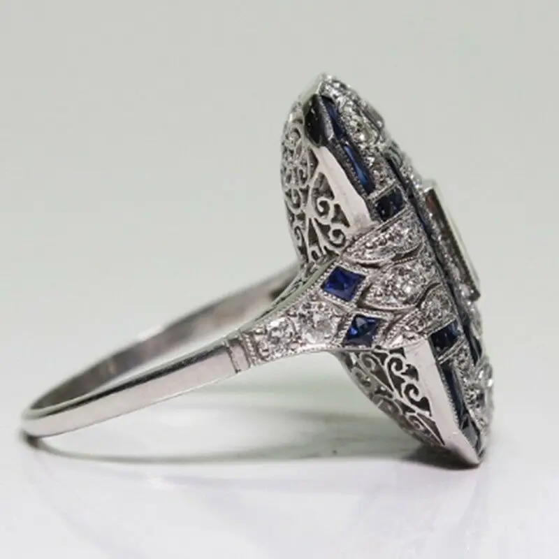 Ретро арт-деко, женское Большое Серебряное синее кольцо с кристаллами, ювелирное изделие, Sz 6-10, женские свадебные, юбилейные, вечерние, подарок, ювелирное изделие