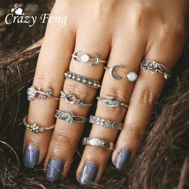 CrazyFeng 11pcs/Set Boho Vintage Punk Antique Flower Carved Midi Finger Ring For CrazyFeng 11pcs/Set Boho Vintage Punk Antique Flower Carved Midi Finger Ring For