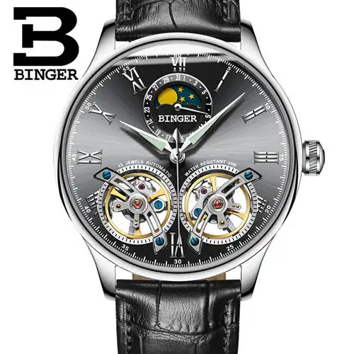 Швейцарские мужские часы с двойным Tourbillon, BINGER, автоматические часы для мужчин, модные механические наручные часы с кожаным ремешком - Цвет: Silv black B8606A bl
