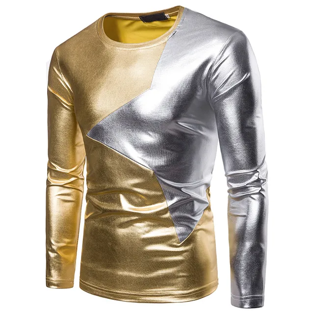 Fashion gold silver stitching Men Slim T shirt Hip hop nightclub stage ...