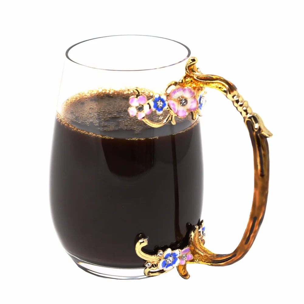 

KEYTREND Original Coffee Mug Enamel Plum Blossom Metal Handgrip Glass Mugs, Individual Gift Box Package For Perfect Gift AECL090