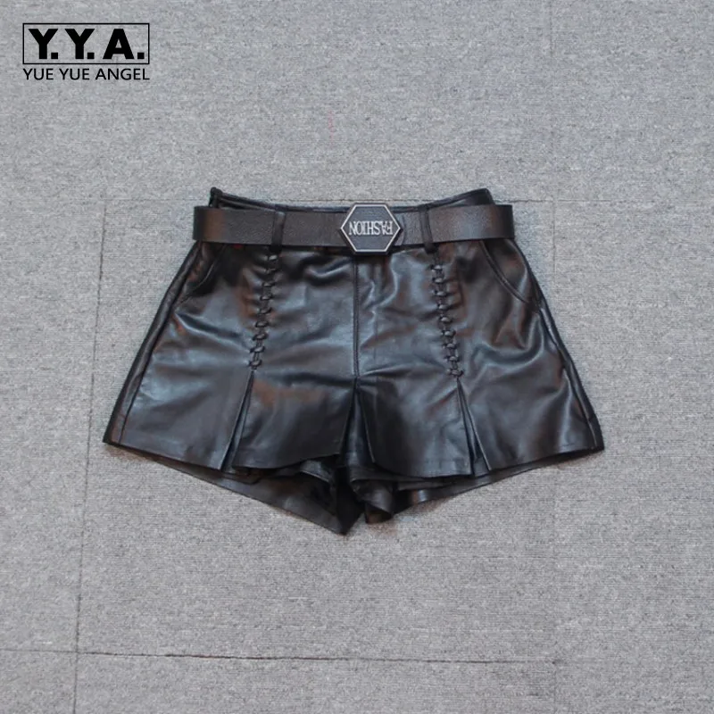 

New Fashion Women Punk Black Sheepskin Genuine Leather Wide Leg Short Trousers Belted Slim Fit Casual Motor Biker Female Shorts