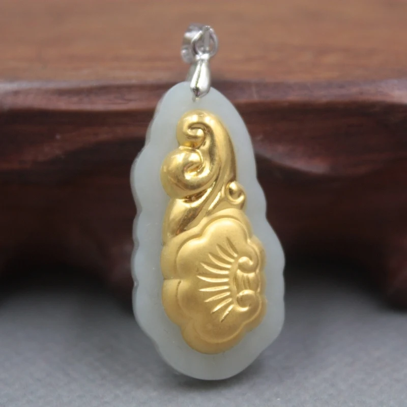 

New Fine 24K Yellow Gold & Hetian Jade Pendant Women Men Ruyi Pendant 32x17mm