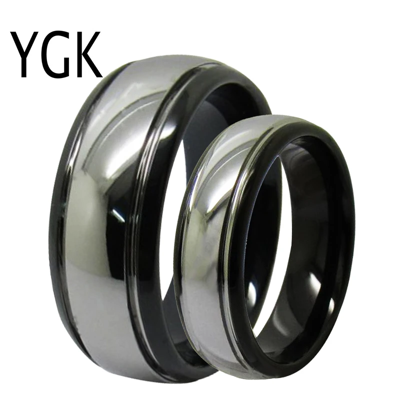 

YGK Jewelry Silver Finished Center With Grooves Black Dome Tungsten Wedding Ring For Men & Women Bridegroom Ring Free Engrave