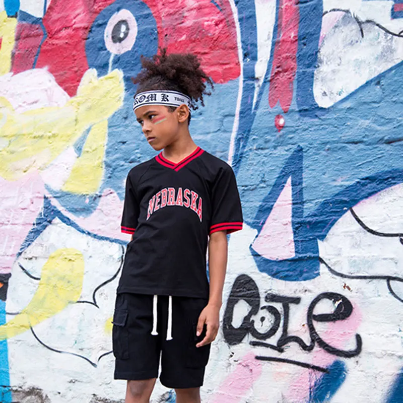 

Summer Breathable Cotton Short-sleeved T-shirt Tide Brand Printed Boy's Shirt Kids Tops Black Shirts Fashion V-Neck Streetwear